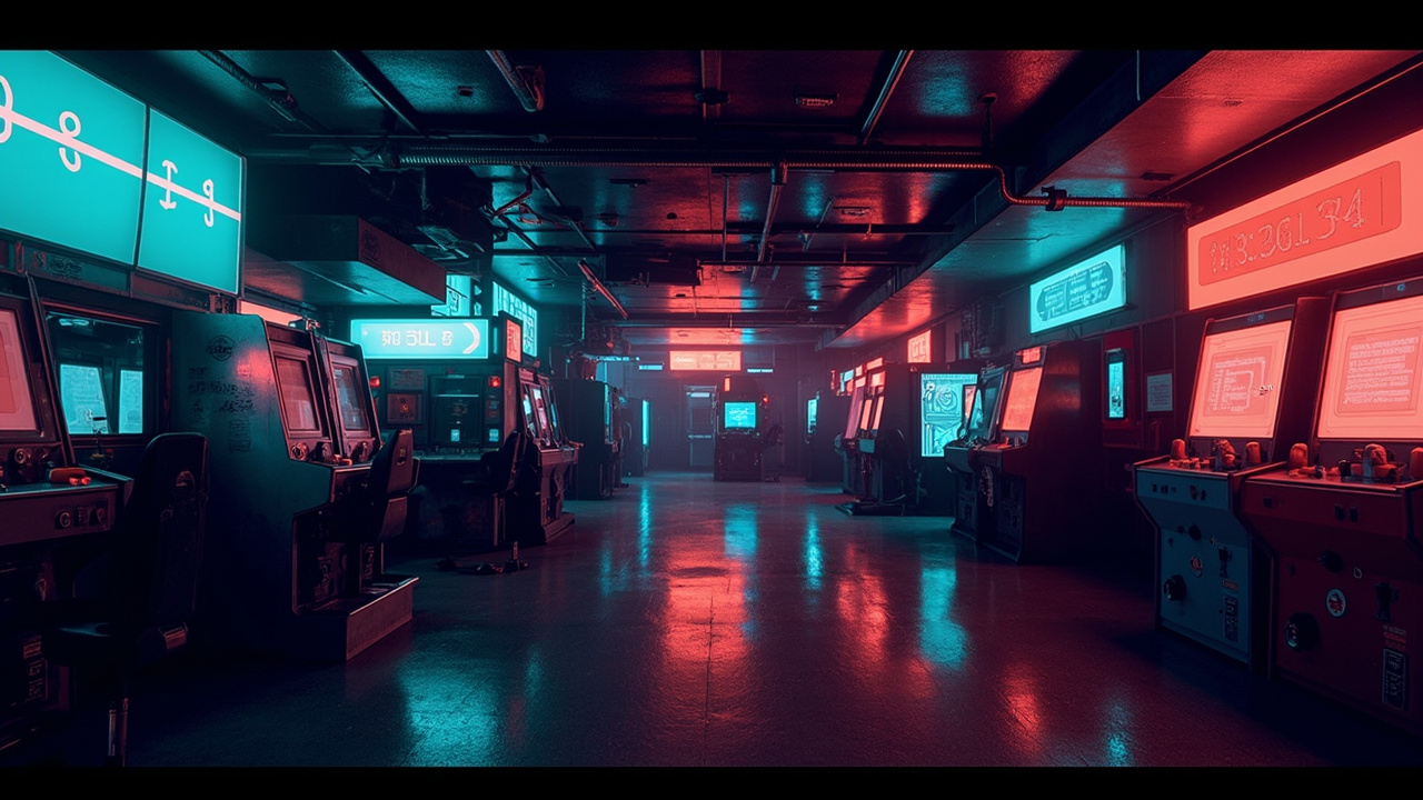 Illustration of a neon-lit retro arcade interior