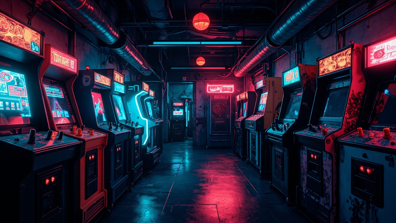 Illustration of a neon-lit retro arcade interior