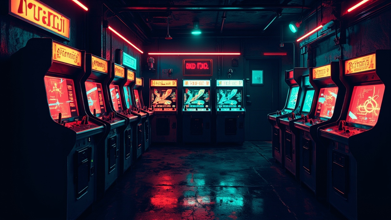 Illustration of a neon-lit retro arcade interior
