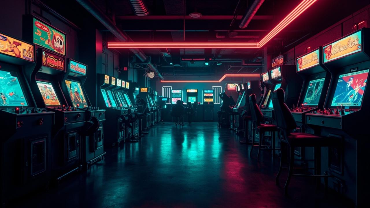 Illustration of a neon-lit retro arcade interior