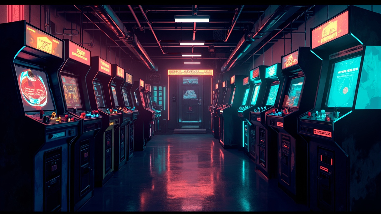 Illustration of a neon-lit retro arcade interior