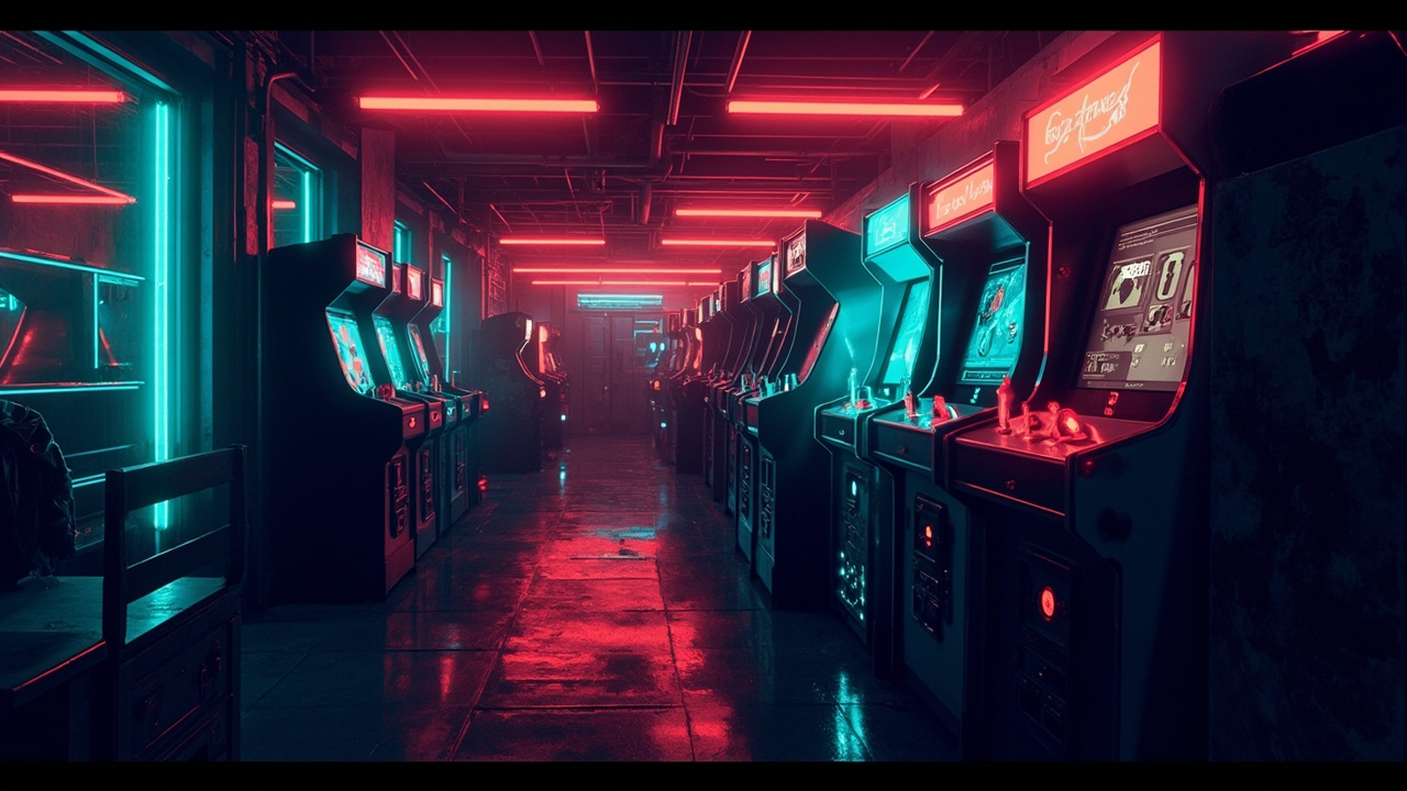 Illustration of a neon-lit retro arcade interior