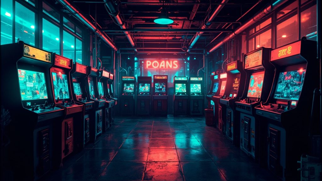 Illustration of a neon-lit retro arcade interior