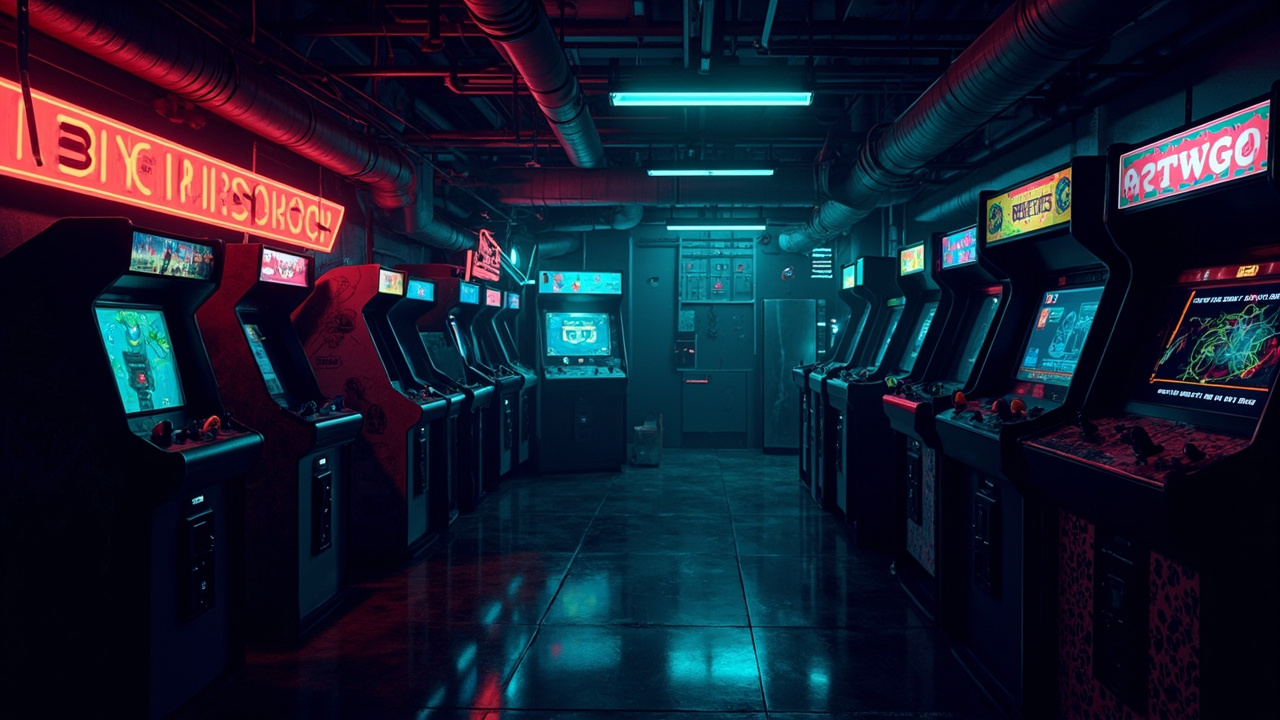 Illustration of a neon-lit retro arcade interior