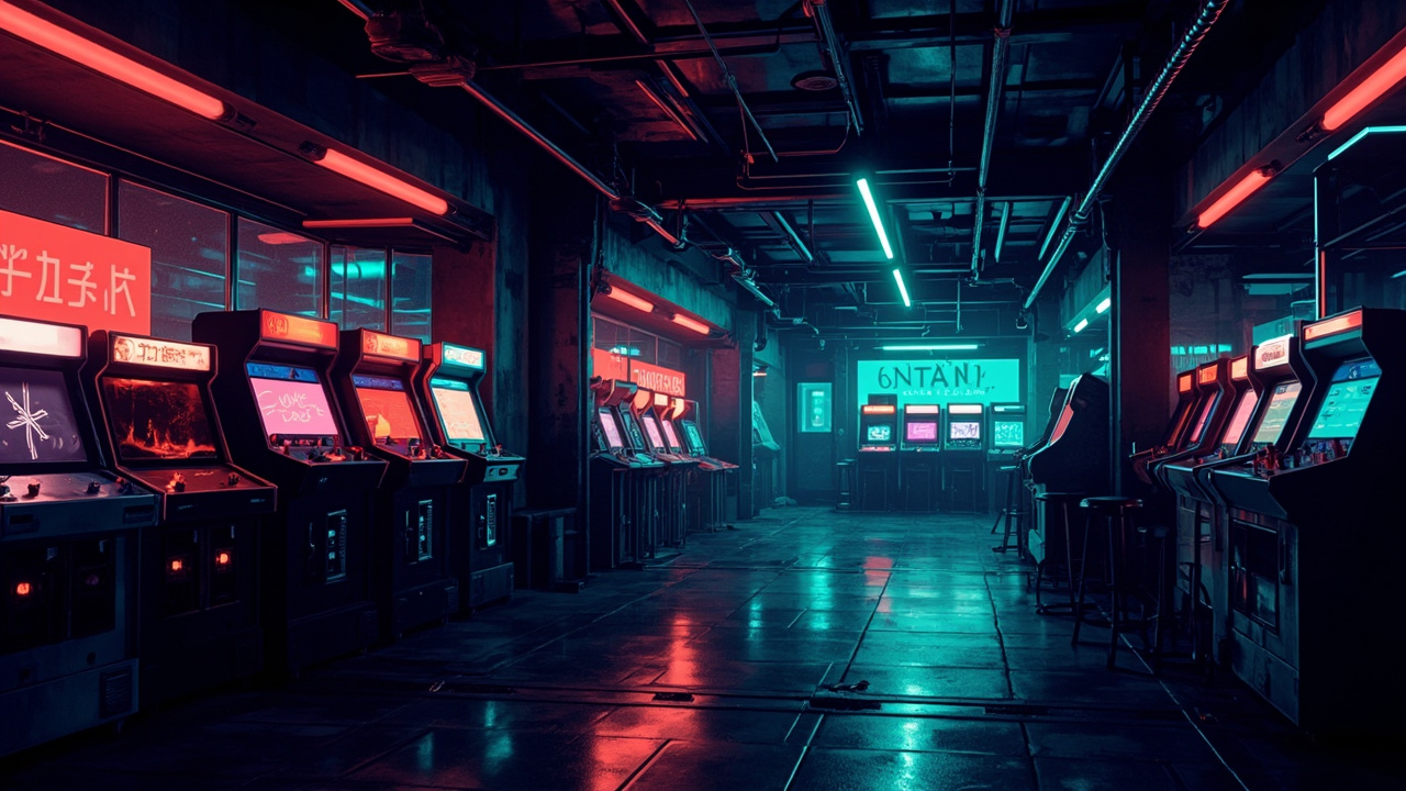 Illustration of a neon-lit retro arcade interior