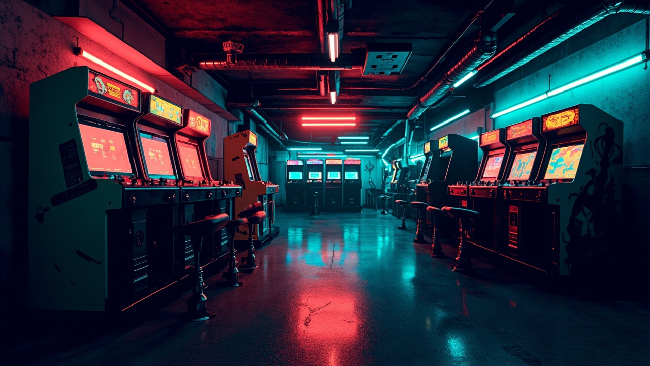 Illustration of a neon-lit retro arcade interior