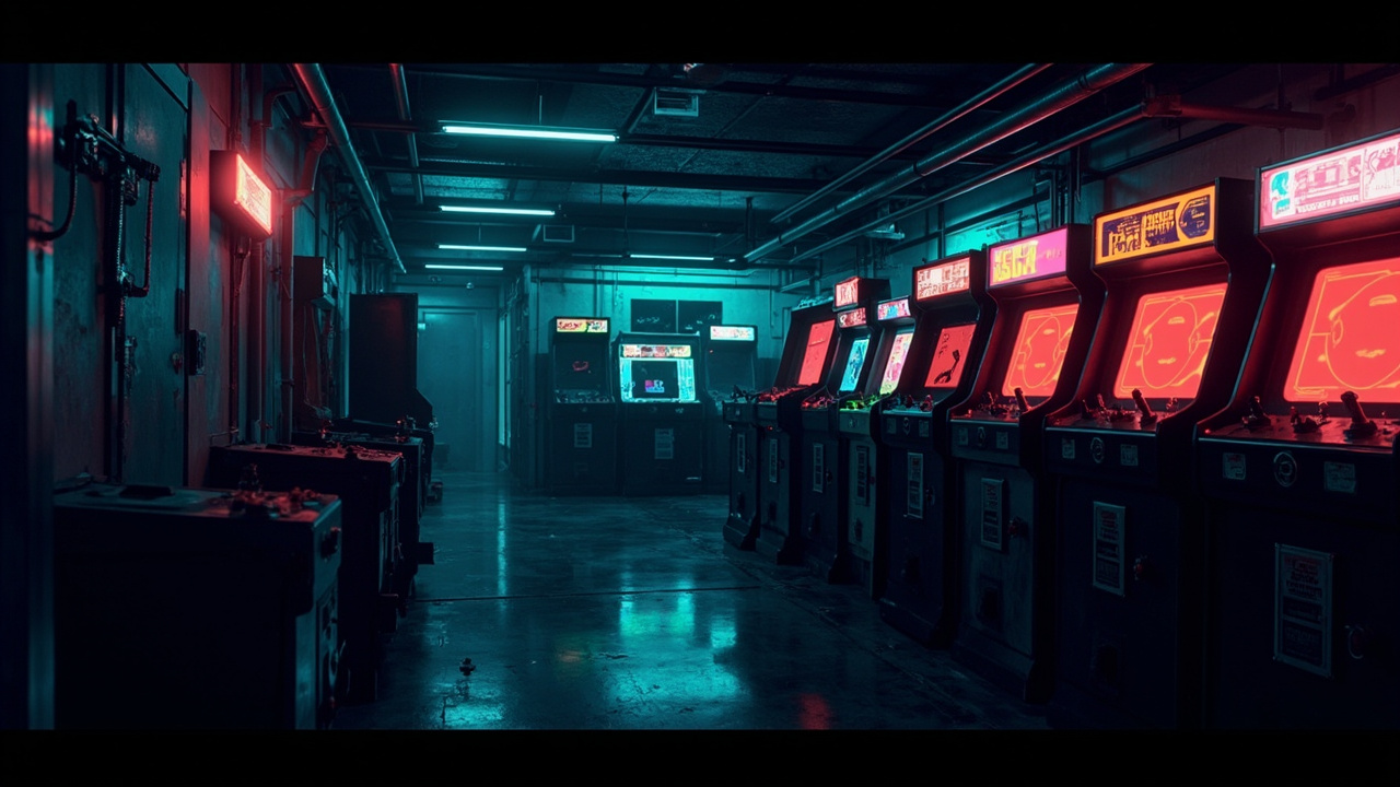 Illustration of a neon-lit retro arcade interior