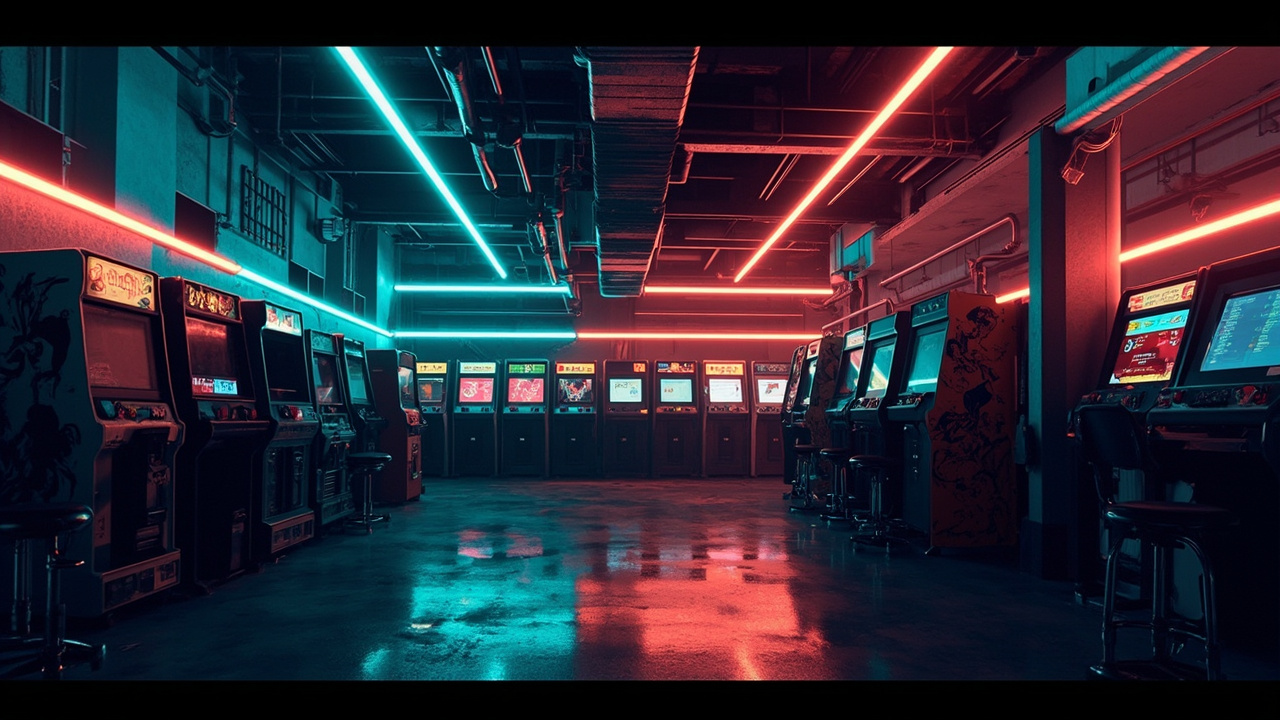 Illustration of a neon-lit retro arcade interior