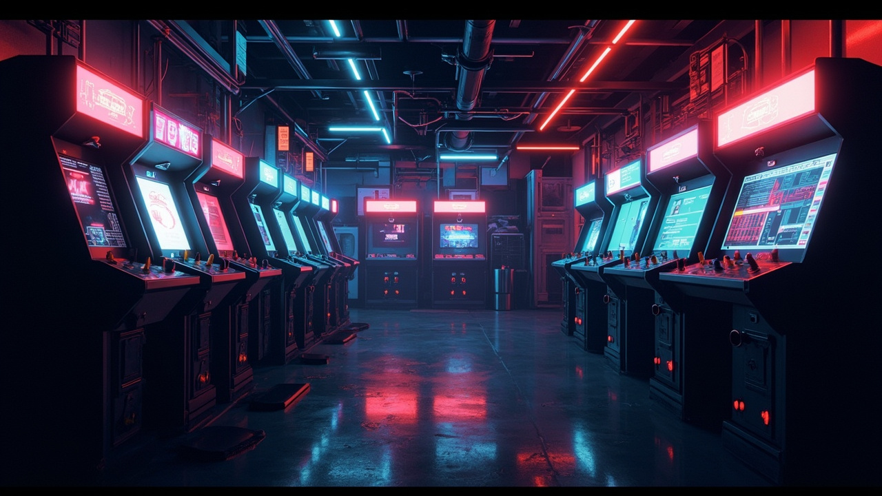 Illustration of a neon-lit retro arcade interior