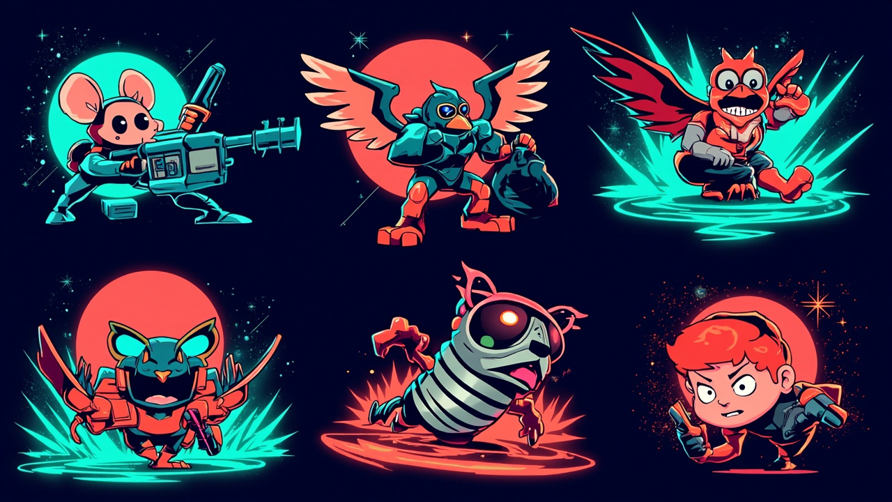 Illustration: Six illustrated cartoon characters arranged in a grid, featuring a mouse with a drill, a bird-like superhero with spread wings, a winged muscular figure, a striped bandit animal with a swag bag, a frog-headed spring toy, and a red-haired boy with a s