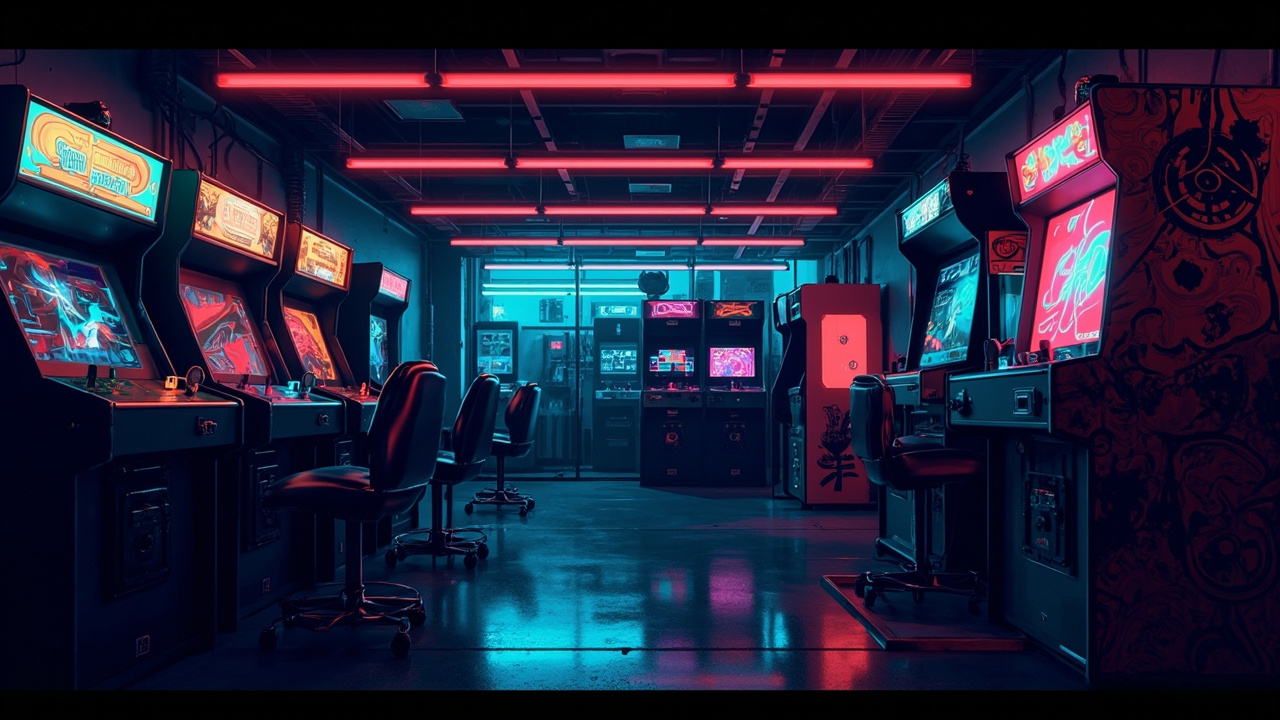 Illustration of a neon-lit retro arcade interior