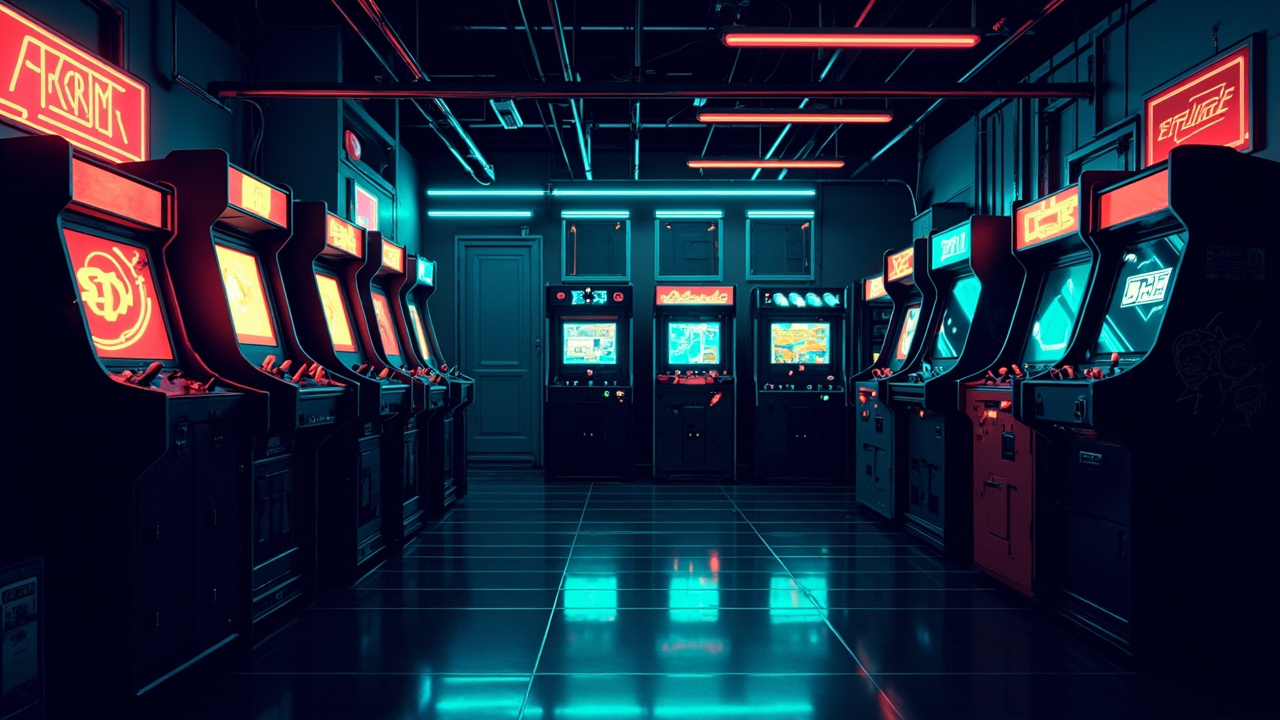 Illustration of a neon-lit retro arcade interior