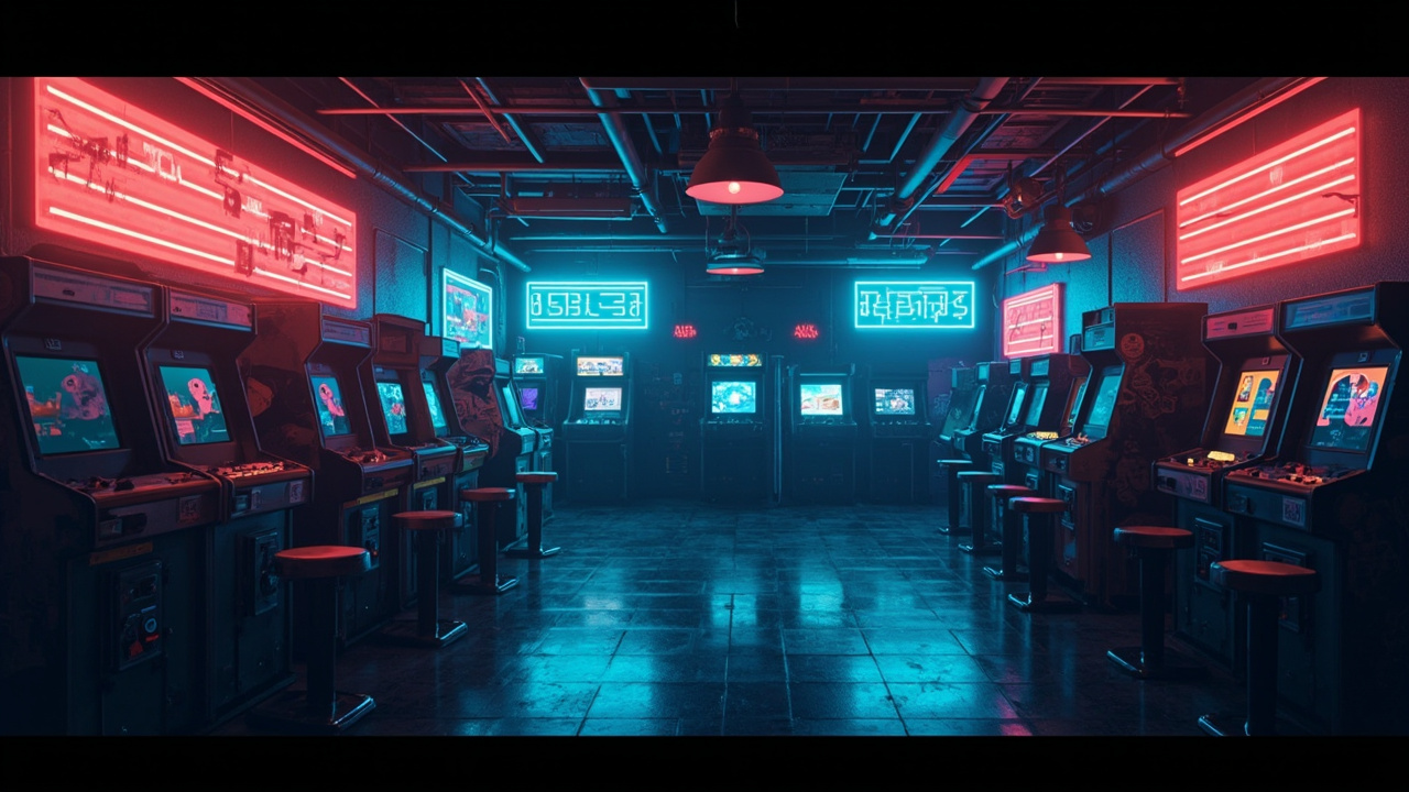 Illustration of a neon-lit retro arcade interior