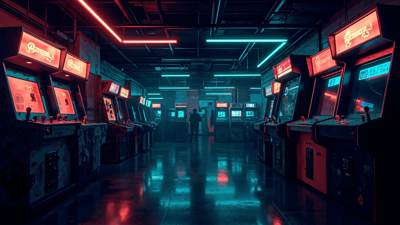 Illustration of a neon-lit retro arcade interior