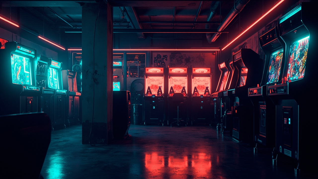 Illustration of a neon-lit retro arcade interior