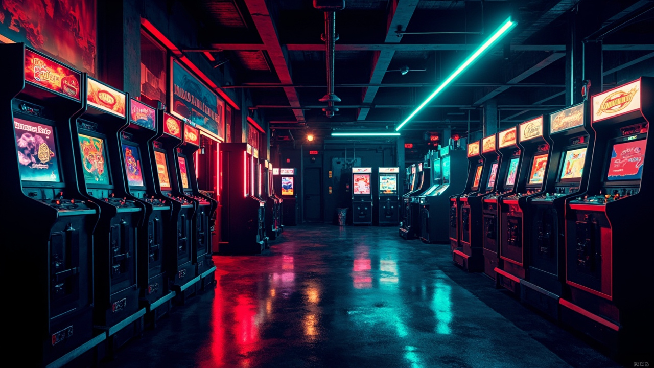 Illustration of a neon-lit retro arcade interior