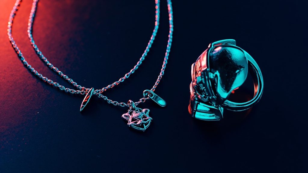 Illustration: A delicate chain necklace with a rectangular crest pendant and a pointed, spiky charm rests beside a chunky, metallic ring sculpted to resemble a futuristic helmet.