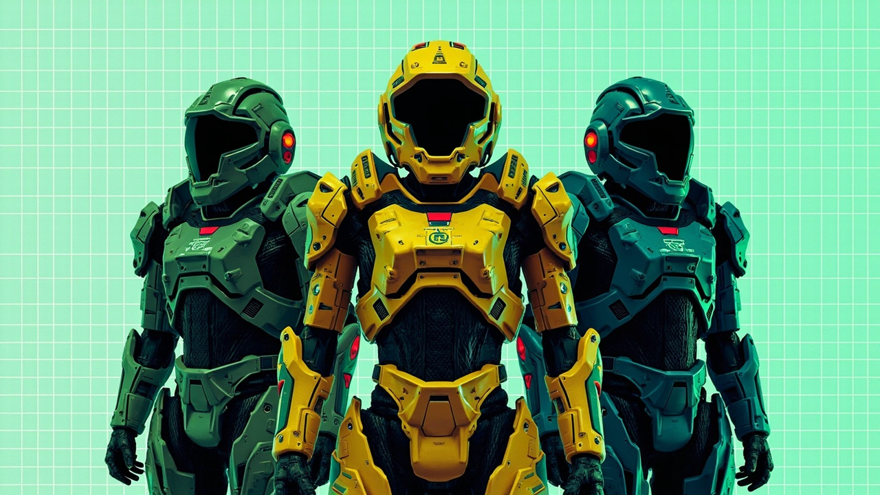 Illustration: Three futuristic armored suits in green, yellow-and-blue, and dark metallic gray stand side by side against a pale green gridded background.