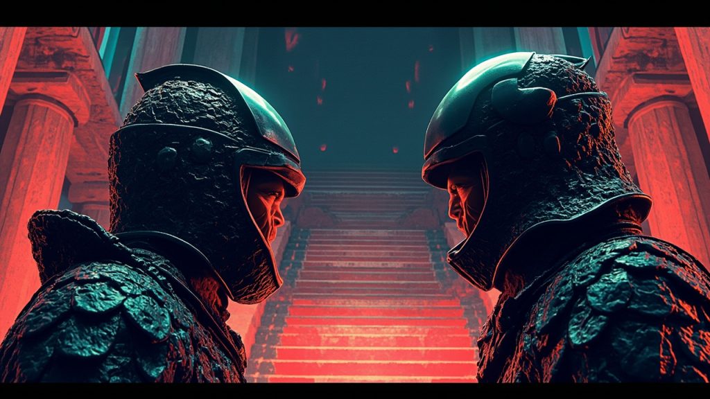 Illustration: Two armored figures with textured, shell-like coverings face off on a red and tan checkered staircase in a 3D-rendered ancient temple setting.