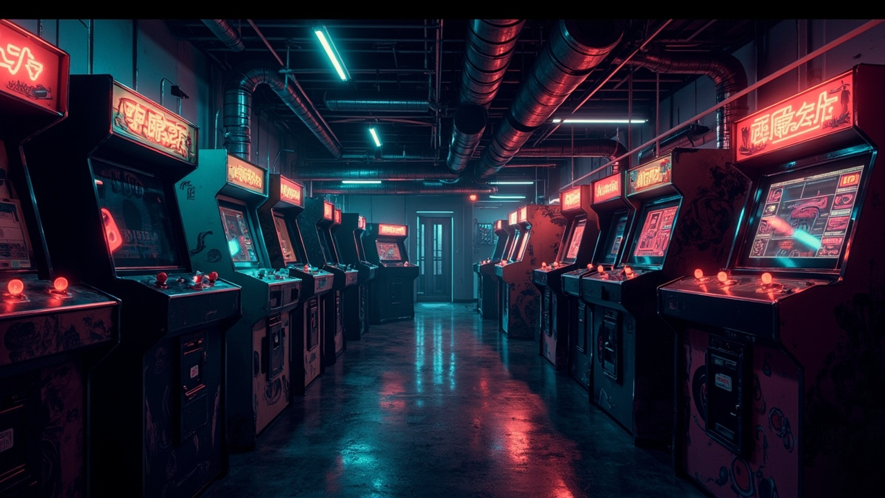 Illustration of a neon-lit retro arcade interior