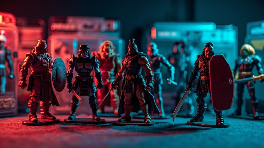 Illustration: A collection of plastic warrior action figures featuring figures with swords, shields, and detailed armor alongside packaged toy figures.
