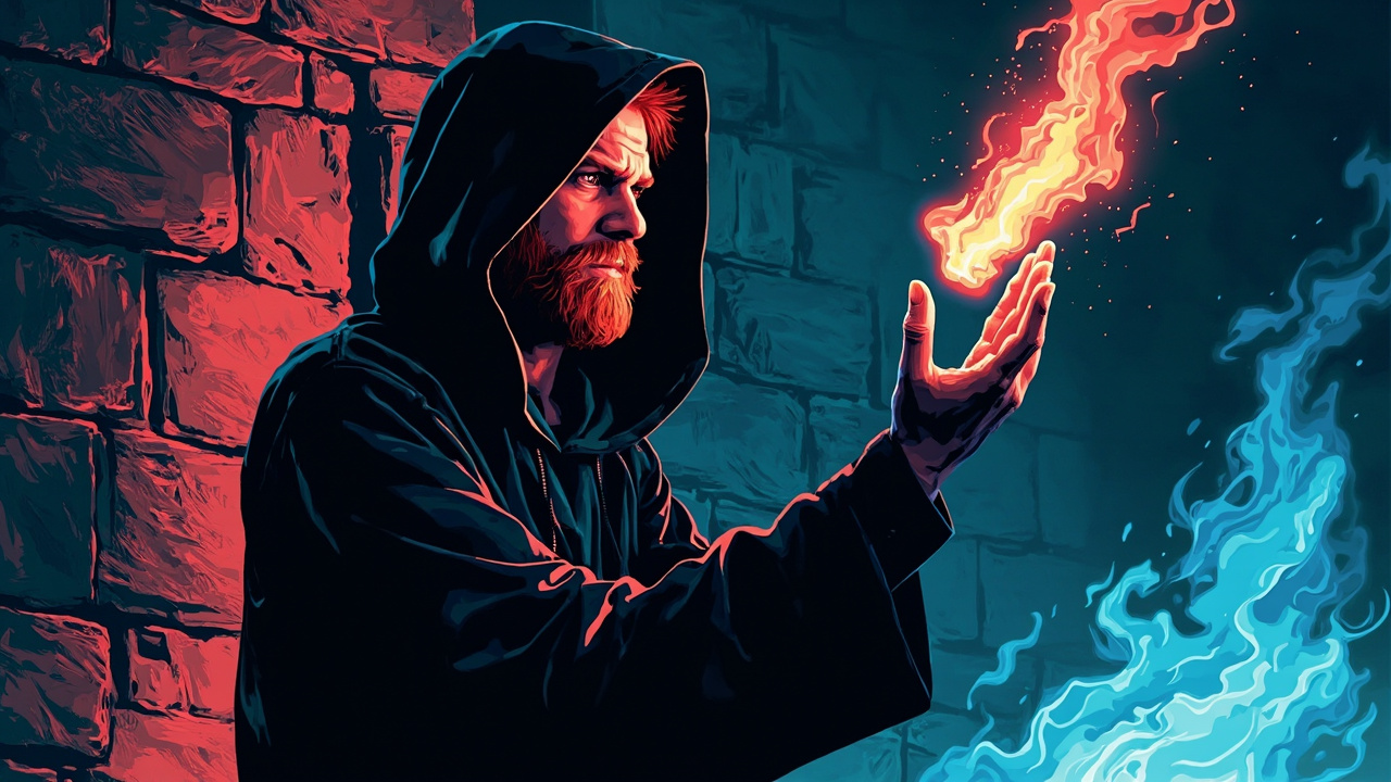 Illustration: A digital illustration depicts a red-haired figure in a dark hooded robe conjuring a flame in their raised hand, with blue fire visible on the opposite side against a stone wall background.