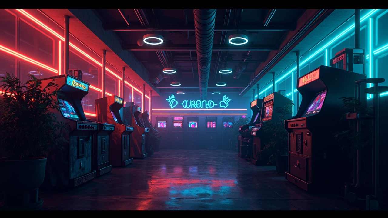 Illustration of a neon-lit retro arcade interior
