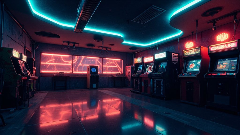 Illustration of a neon-lit retro arcade interior