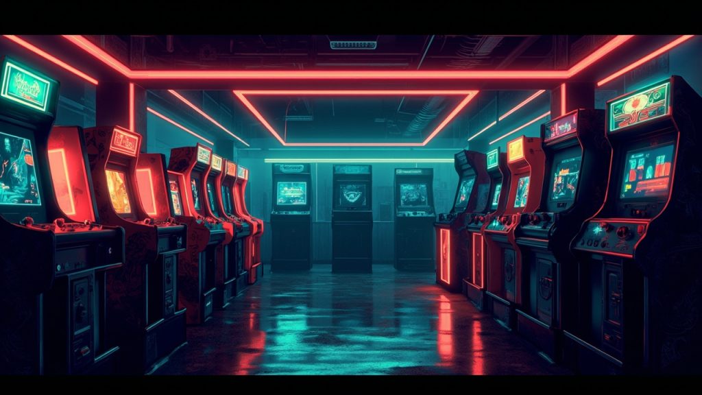 Illustration of a neon-lit retro arcade interior