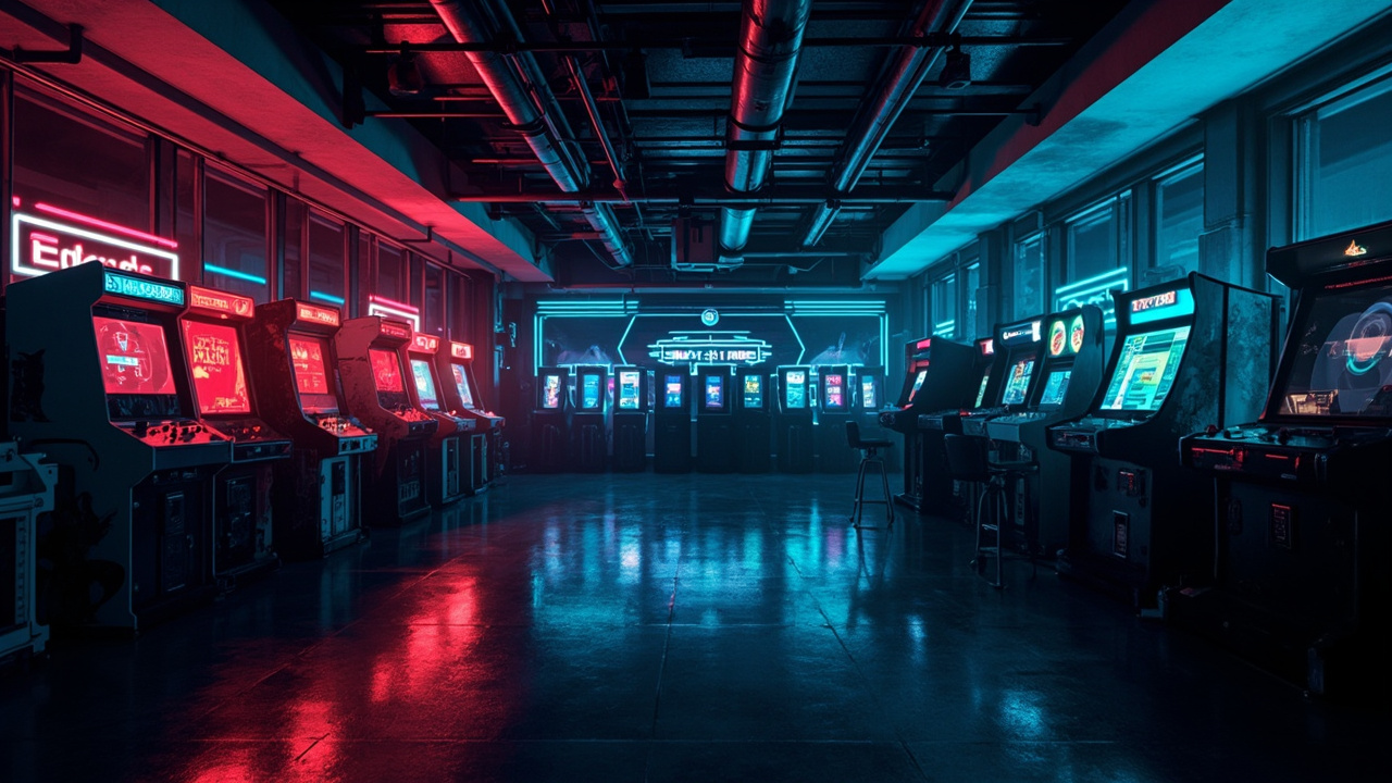 Illustration of a neon-lit retro arcade interior