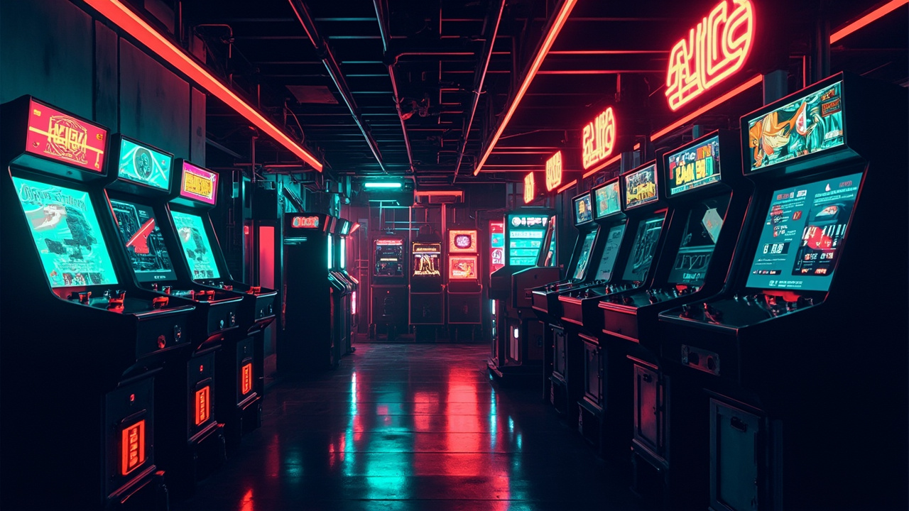 Illustration of a neon-lit retro arcade interior