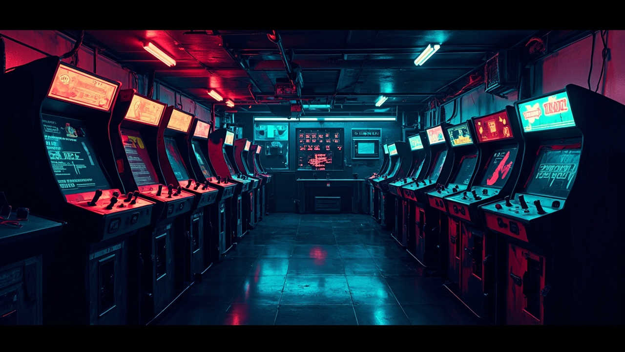 Illustration of a neon-lit retro arcade interior