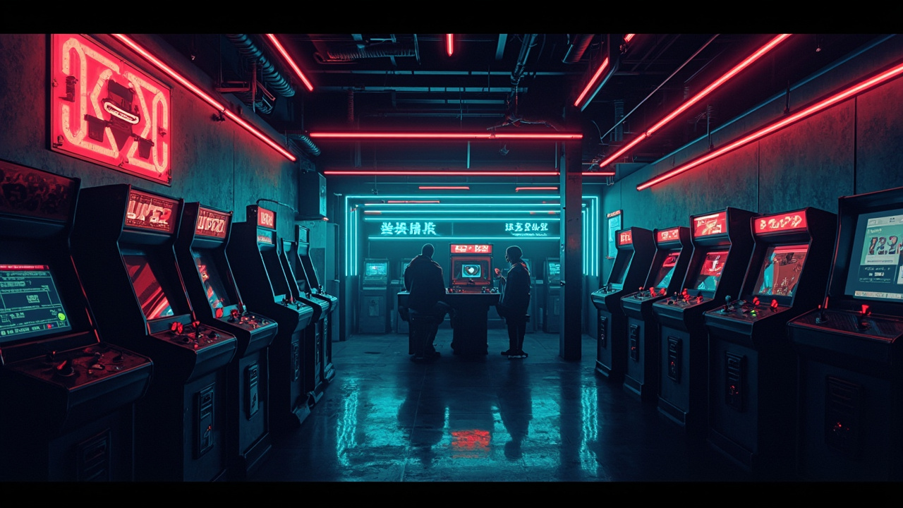 Illustration of a neon-lit retro arcade interior