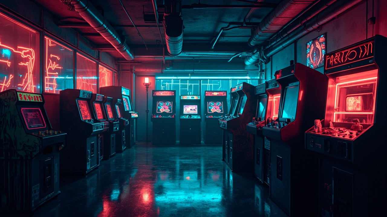 Illustration of a neon-lit retro arcade interior