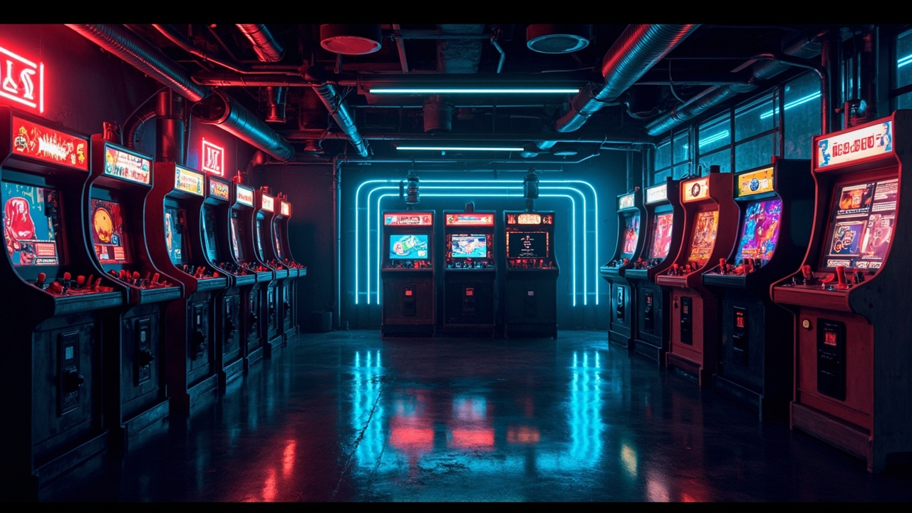 Illustration of a neon-lit retro arcade interior