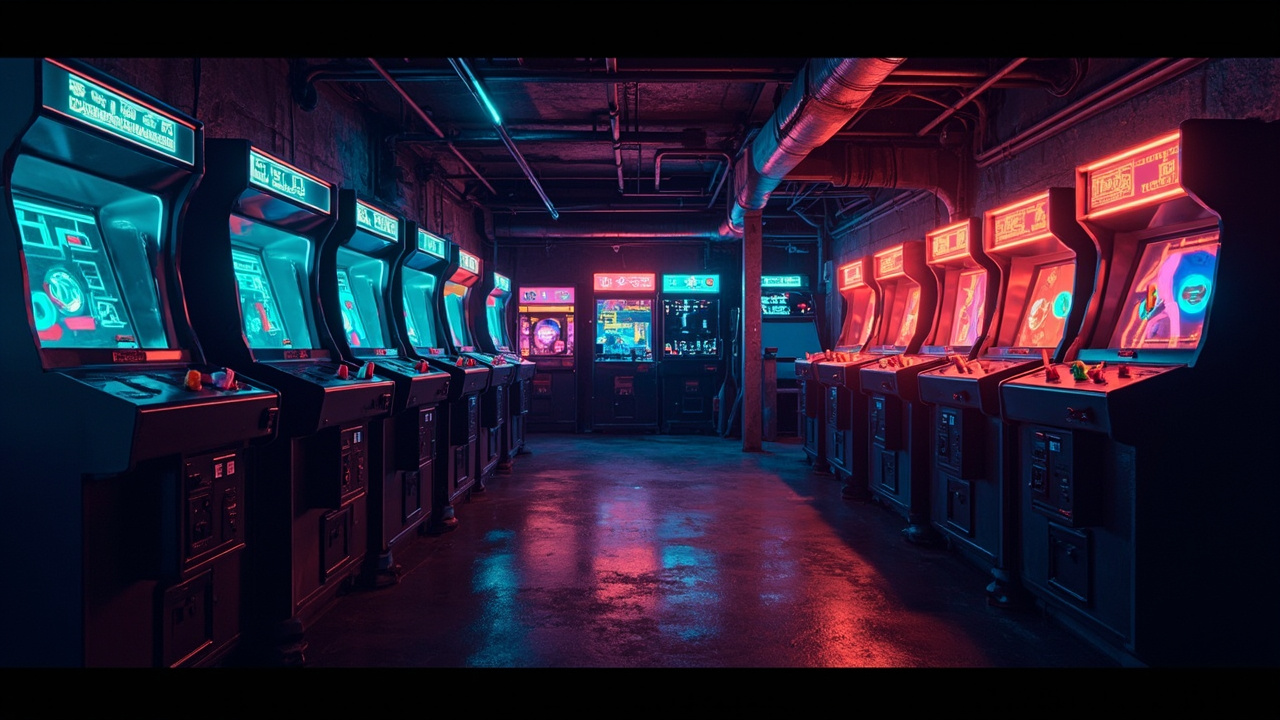 Illustration of a neon-lit retro arcade interior
