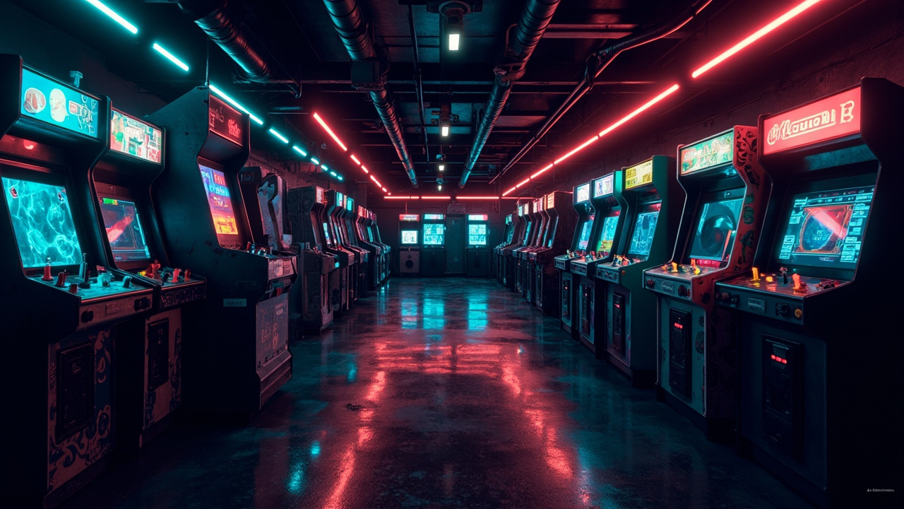 Illustration of a neon-lit retro arcade interior