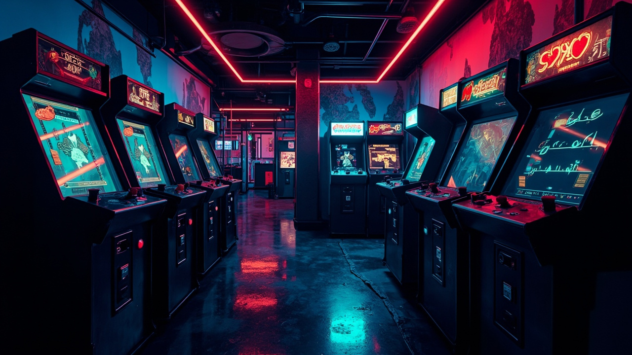 Illustration of a neon-lit retro arcade interior