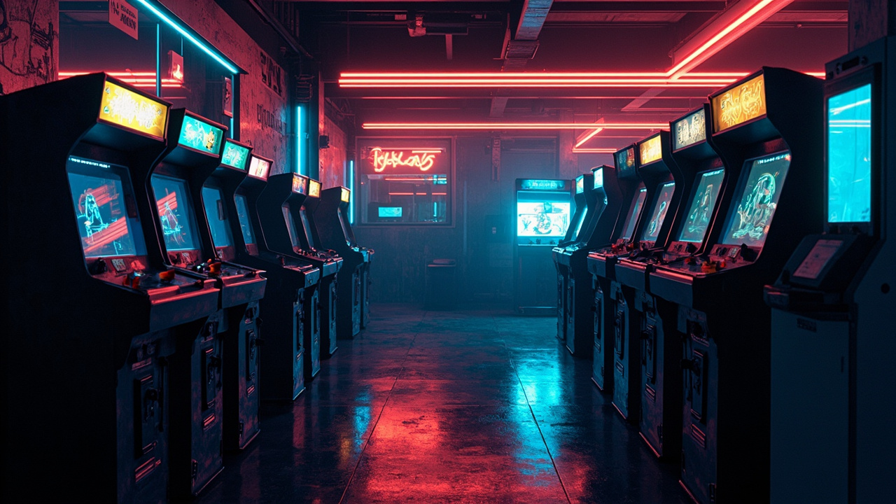 Illustration of a neon-lit retro arcade interior