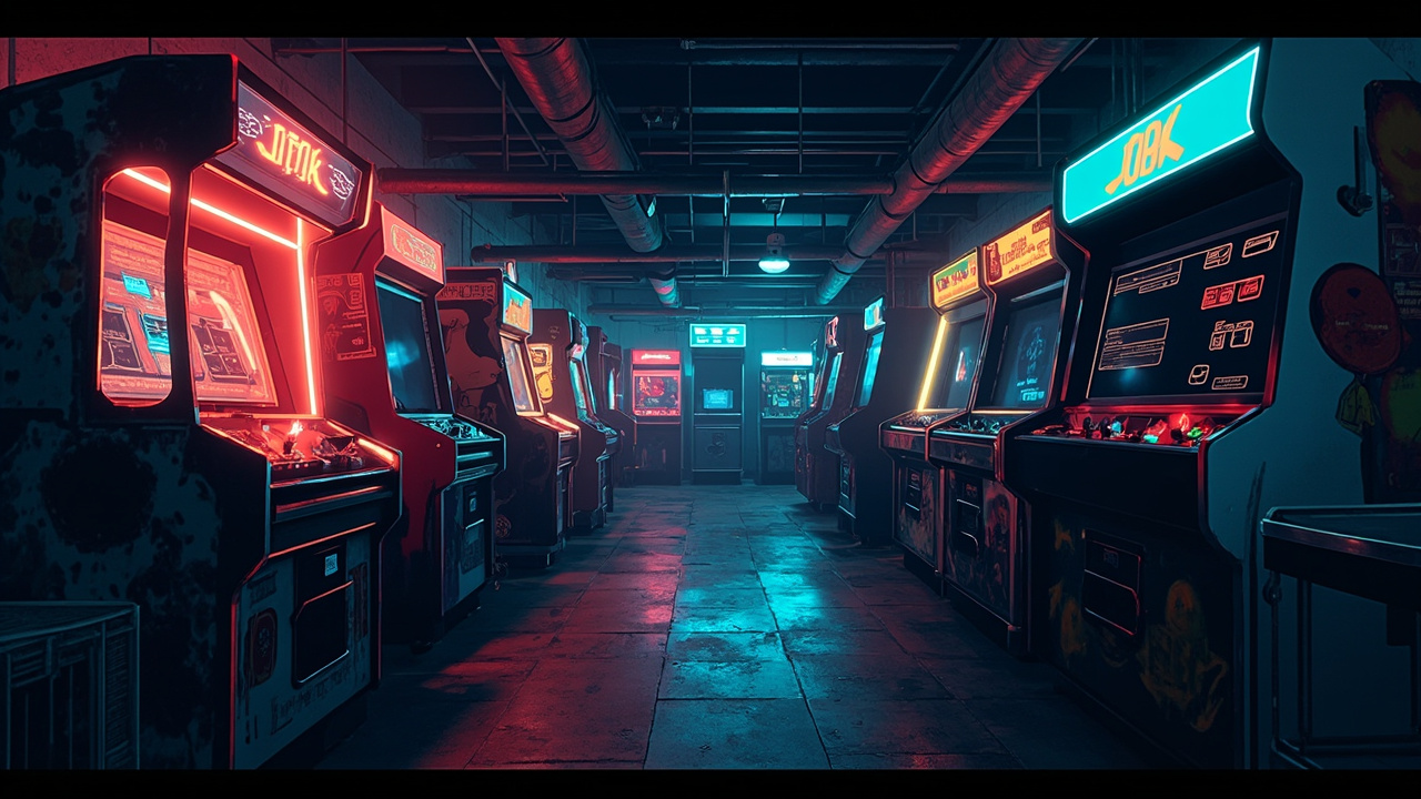 Illustration of a neon-lit retro arcade interior
