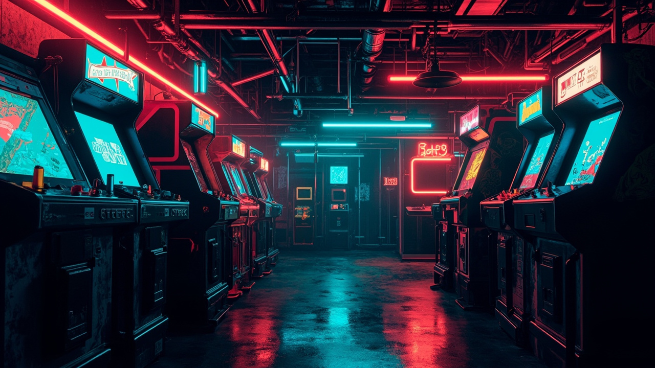 Illustration of a neon-lit retro arcade interior