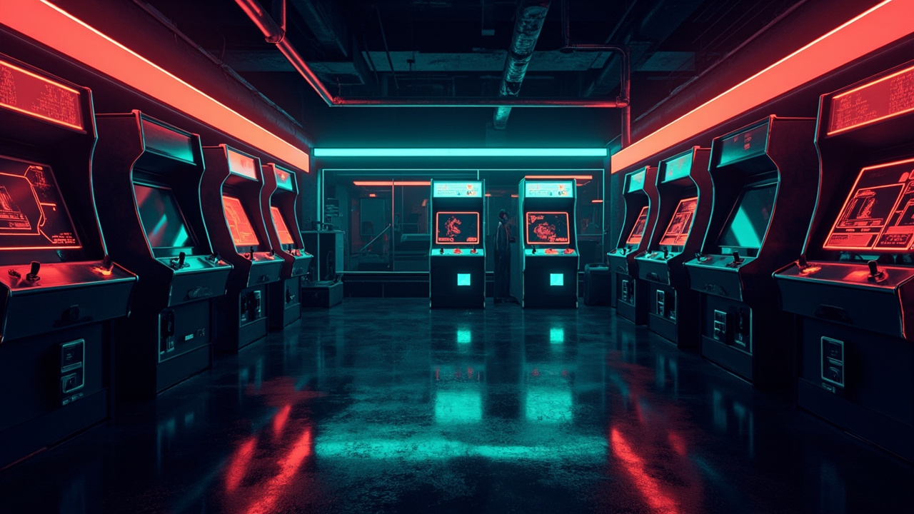 Illustration of a neon-lit retro arcade interior