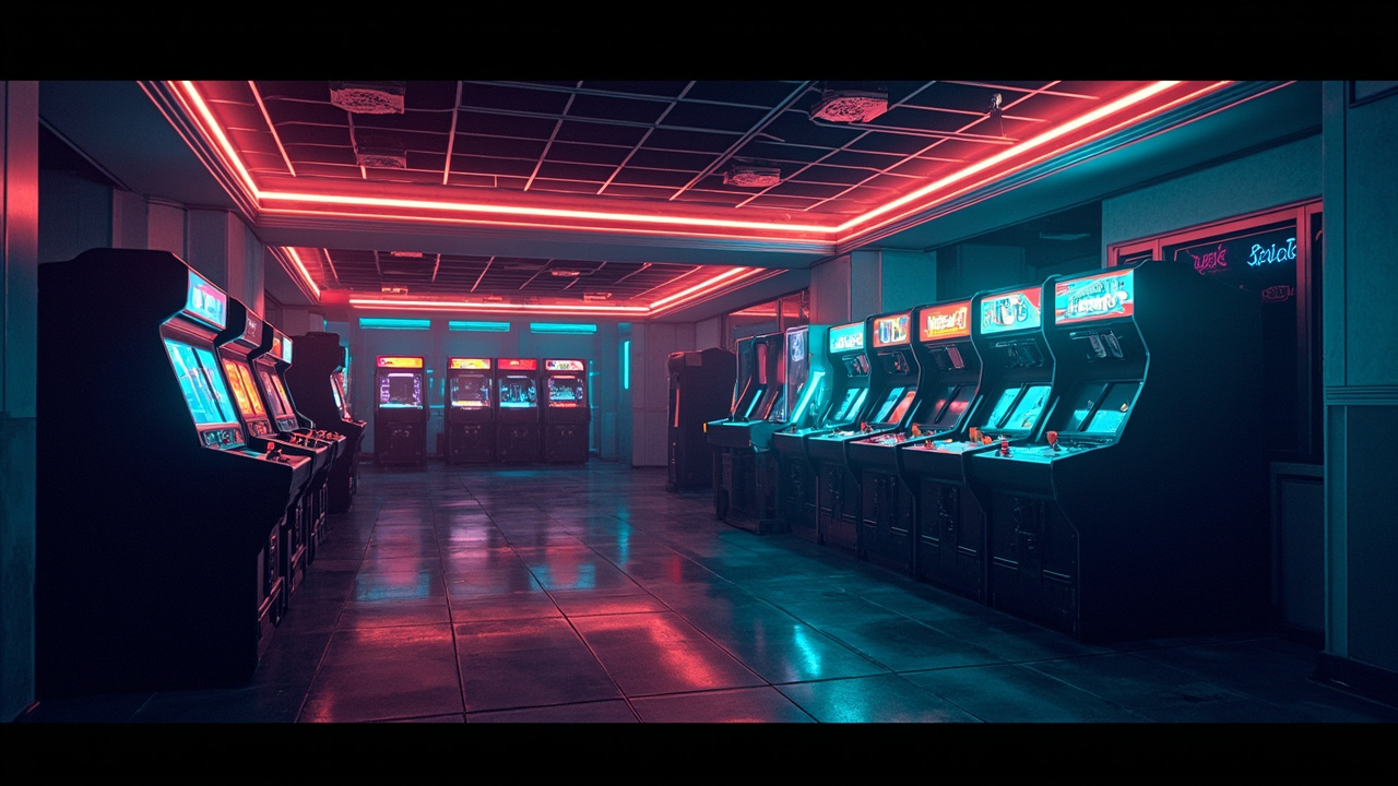 Illustration of a neon-lit retro arcade interior
