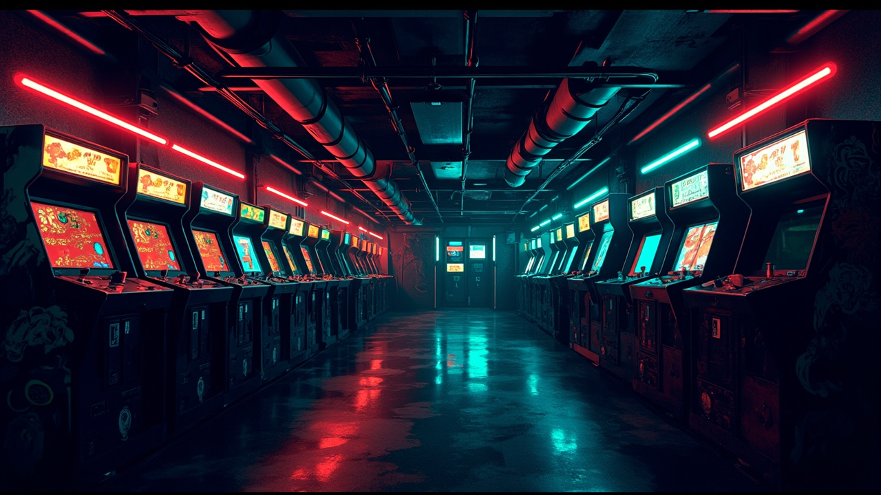 Illustration of a neon-lit retro arcade interior