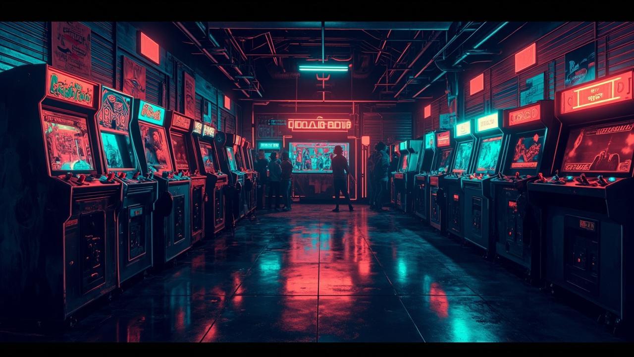 Illustration of a neon-lit retro arcade interior
