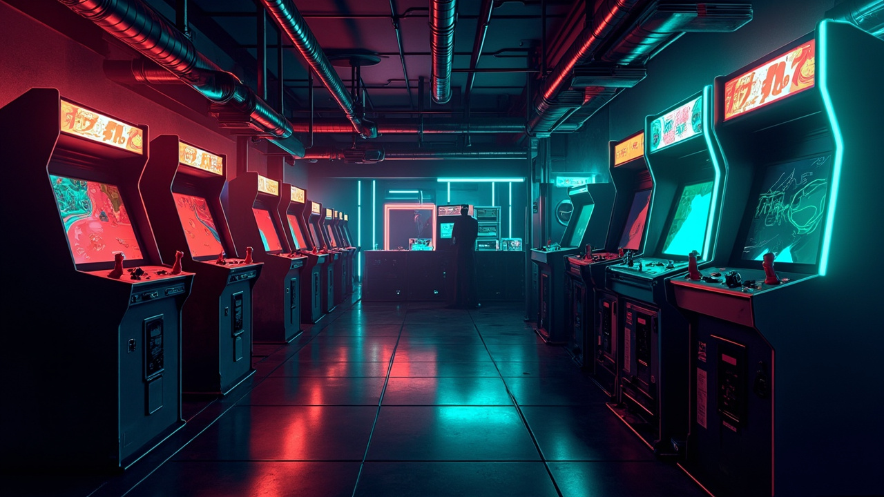 Illustration of a neon-lit retro arcade interior