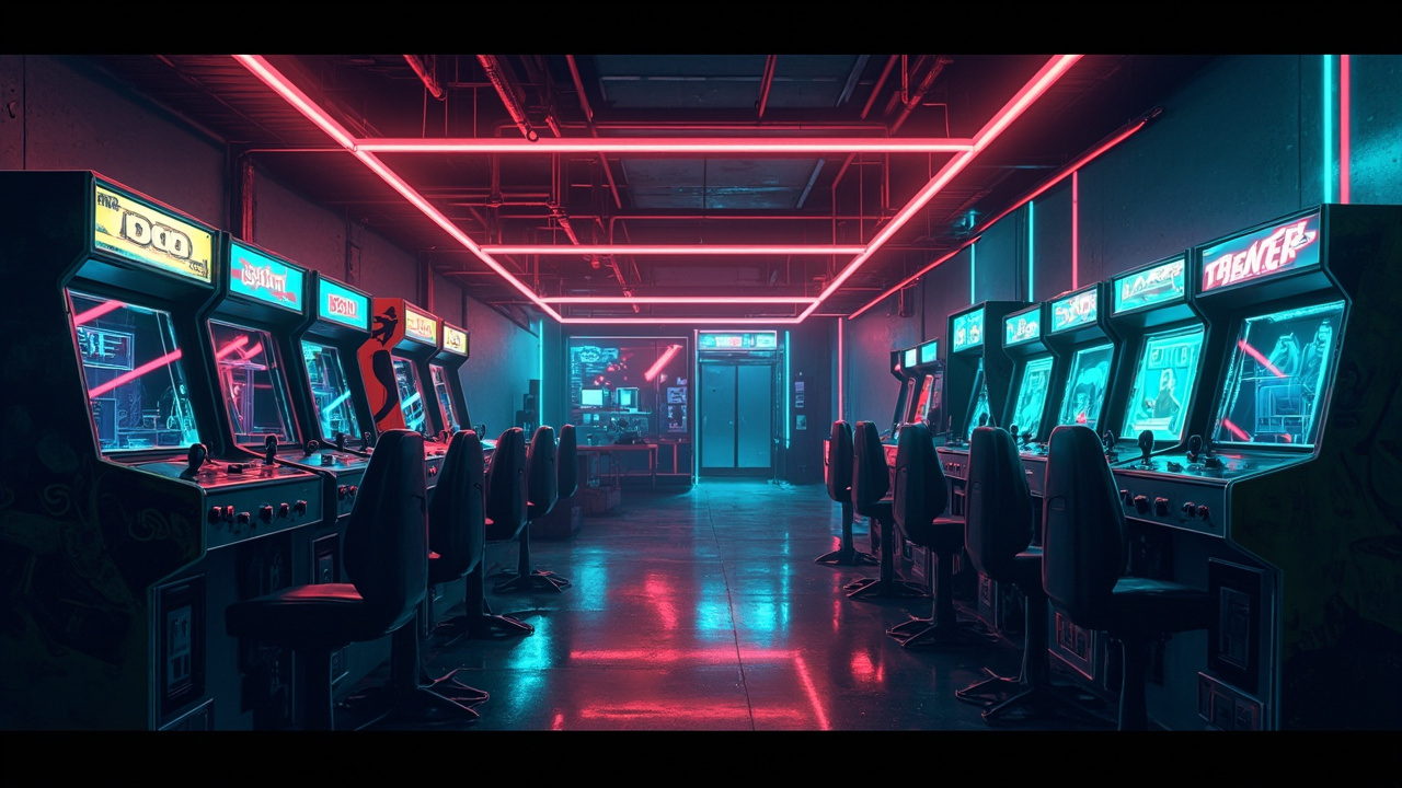 Illustration of a neon-lit retro arcade interior