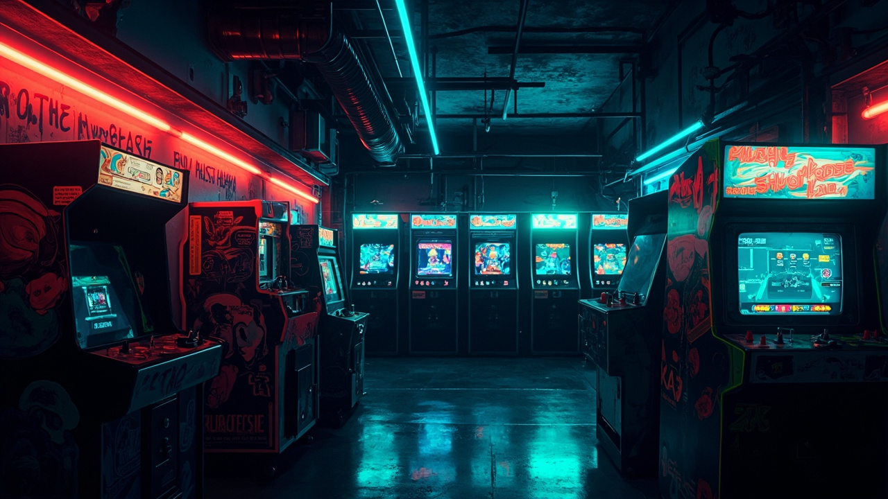 Illustration of a neon-lit retro arcade interior