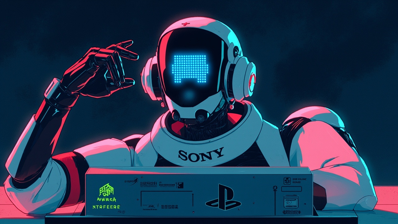 Illustration: A white and blue robot with a black visor displaying glowing blue pixelated eyes poses with one arm raised in front of a grey video game console. The console features the text "SONY", a green "PS" symbol, and a logo with partially legible text.