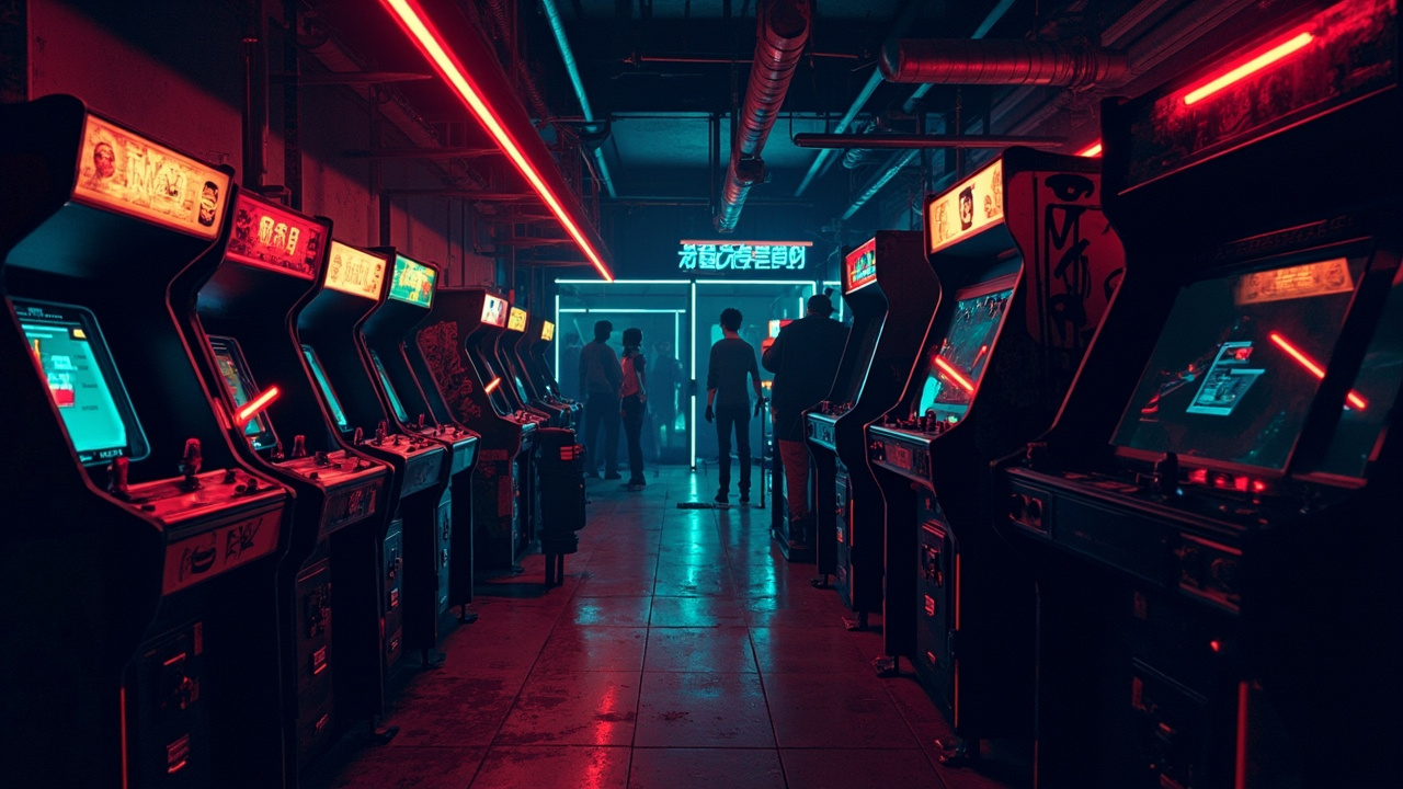 Illustration of a neon-lit retro arcade interior
